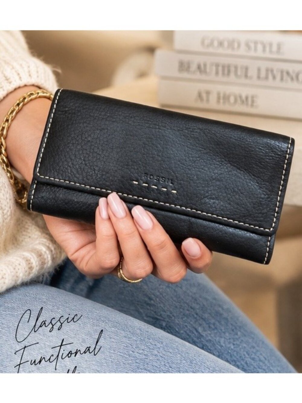 Fossil Pop Stitch Black Pebbled Leather Continental Trifold Wallet Checkbook